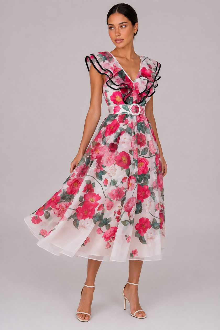The Vivienne: Ruffled V-Neck Print Dress — product image 1