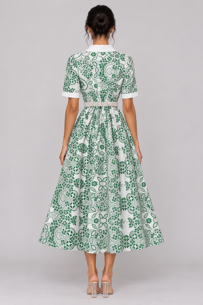 Odette Pearl-Belt Embroidered Midi Dress — product image 2
