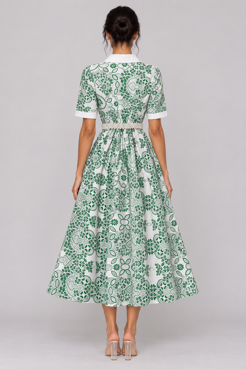 The Odette Pearl-Belt Embroidered Midi Dress