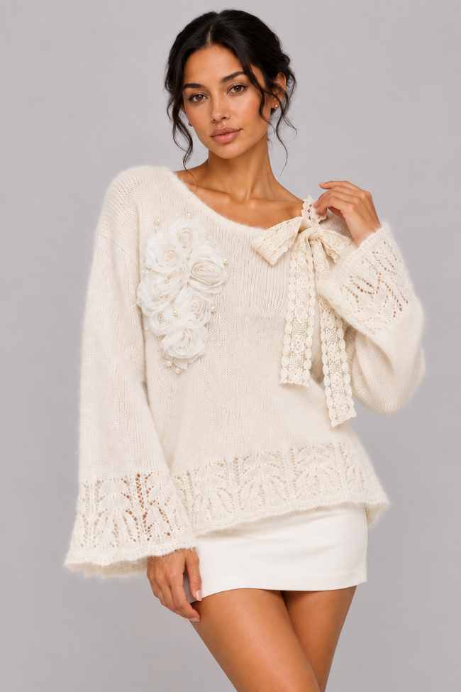 Elara Floral Lace-Tie Knit Sweater — product image 8