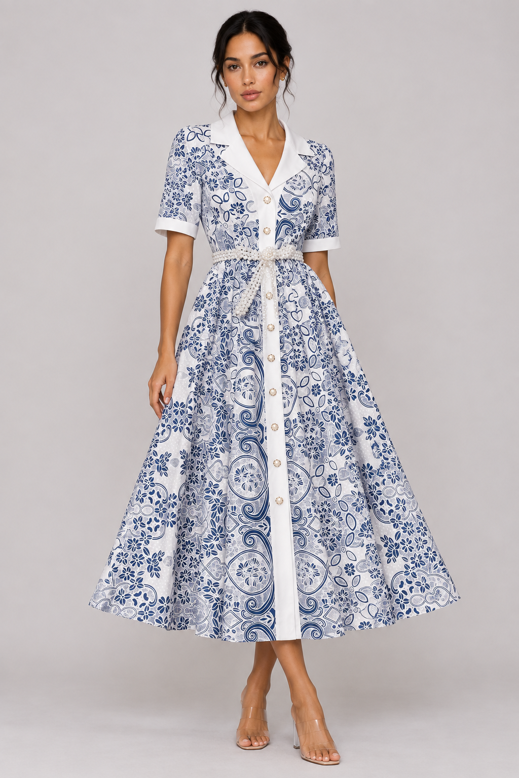 Odette Pearl-Belt Embroidered Midi Dress — product image 8