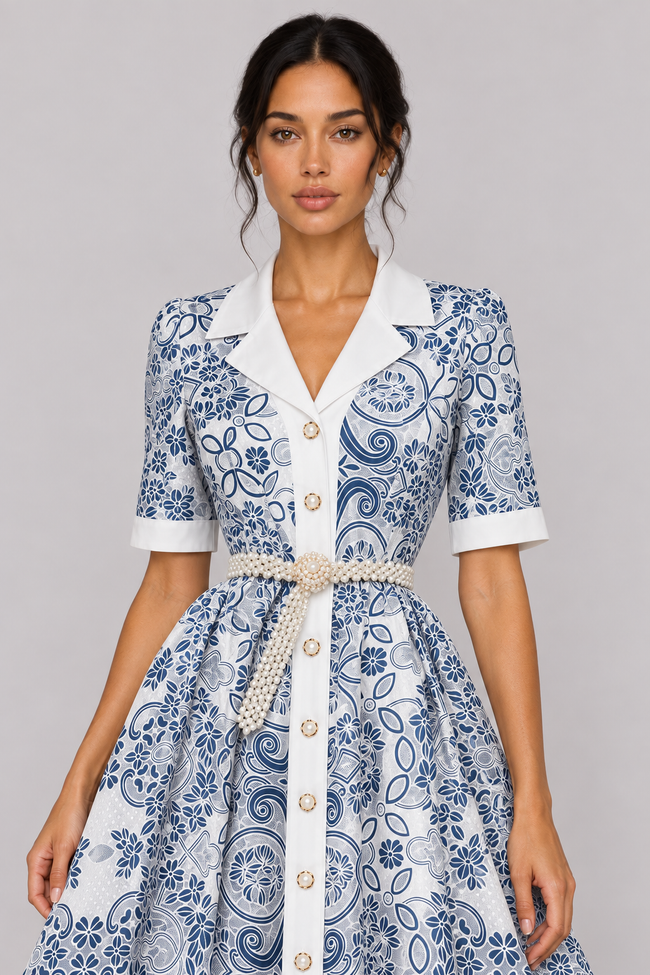 Odette Pearl-Belt Embroidered Midi Dress — product image 7