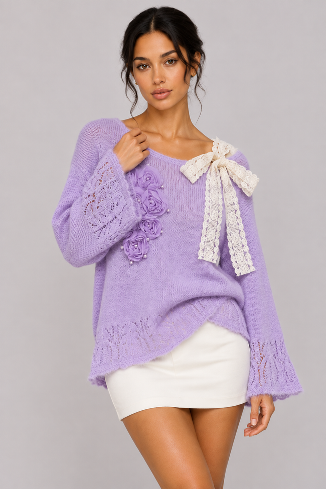 Elara Floral Lace-Tie Knit Sweater — product image 10
