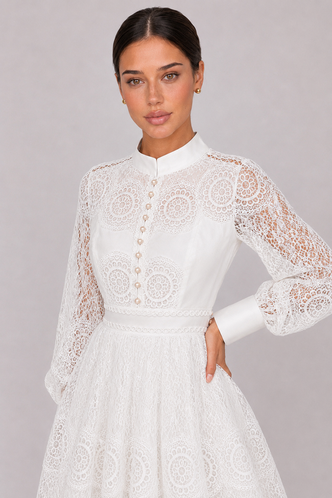 The Priscilla: White Hollow Lace Ruffle Dress — product image 1