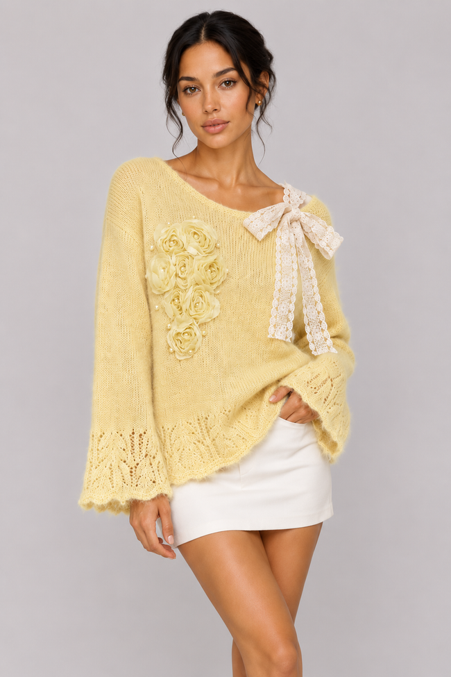 Elara Floral Lace-Tie Knit Sweater — product image 1