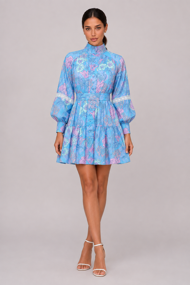 The Odile: High-Collar Long-Sleeve Print Dress — product image 2