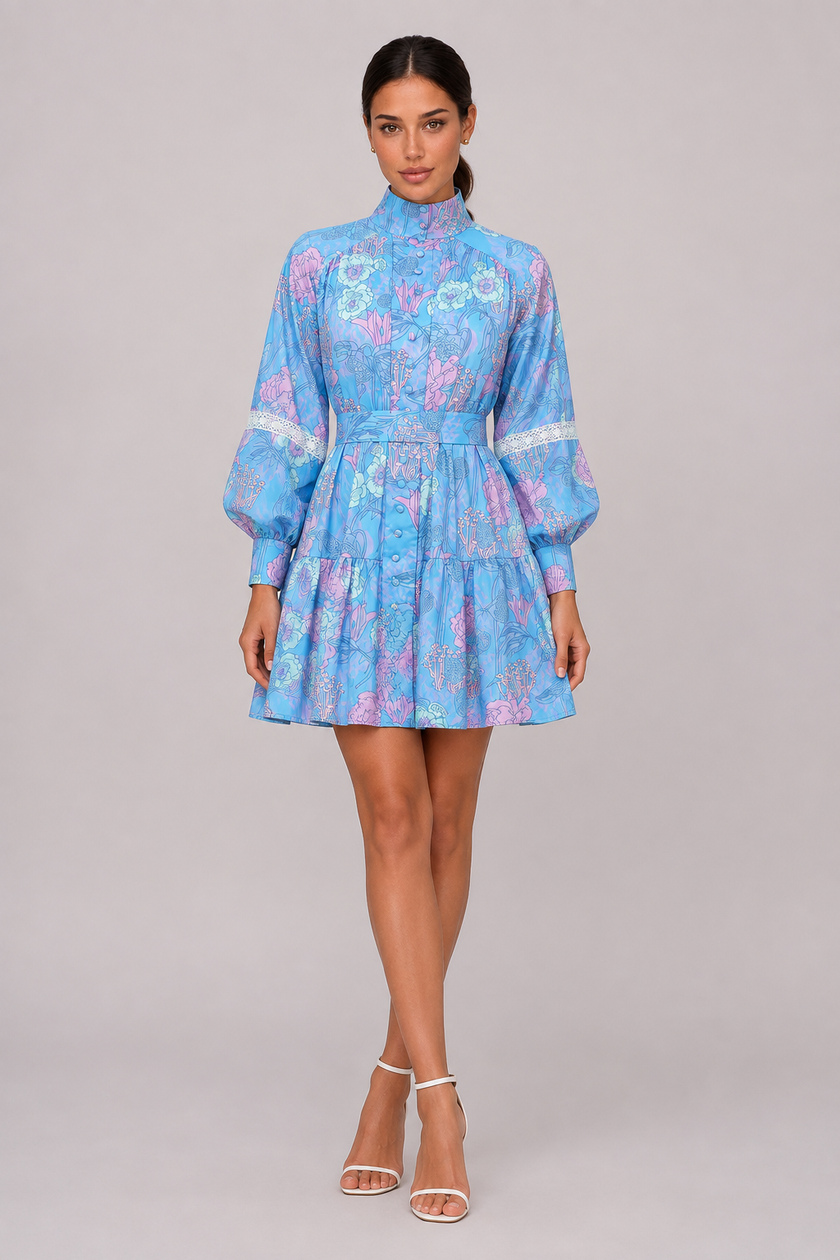 The Odile: High-Collar Long-Sleeve Print Dress — product image 2