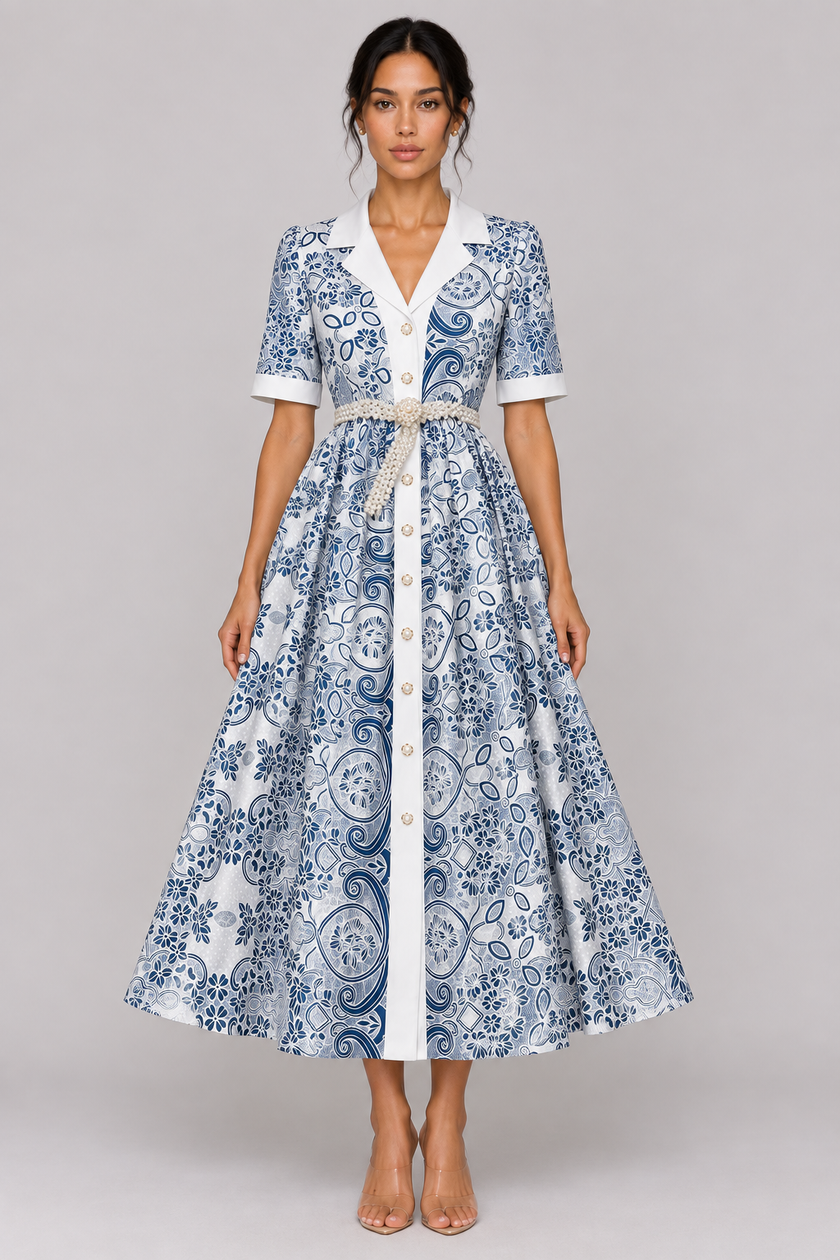 The Odette Pearl-Belt Embroidered Midi Dress