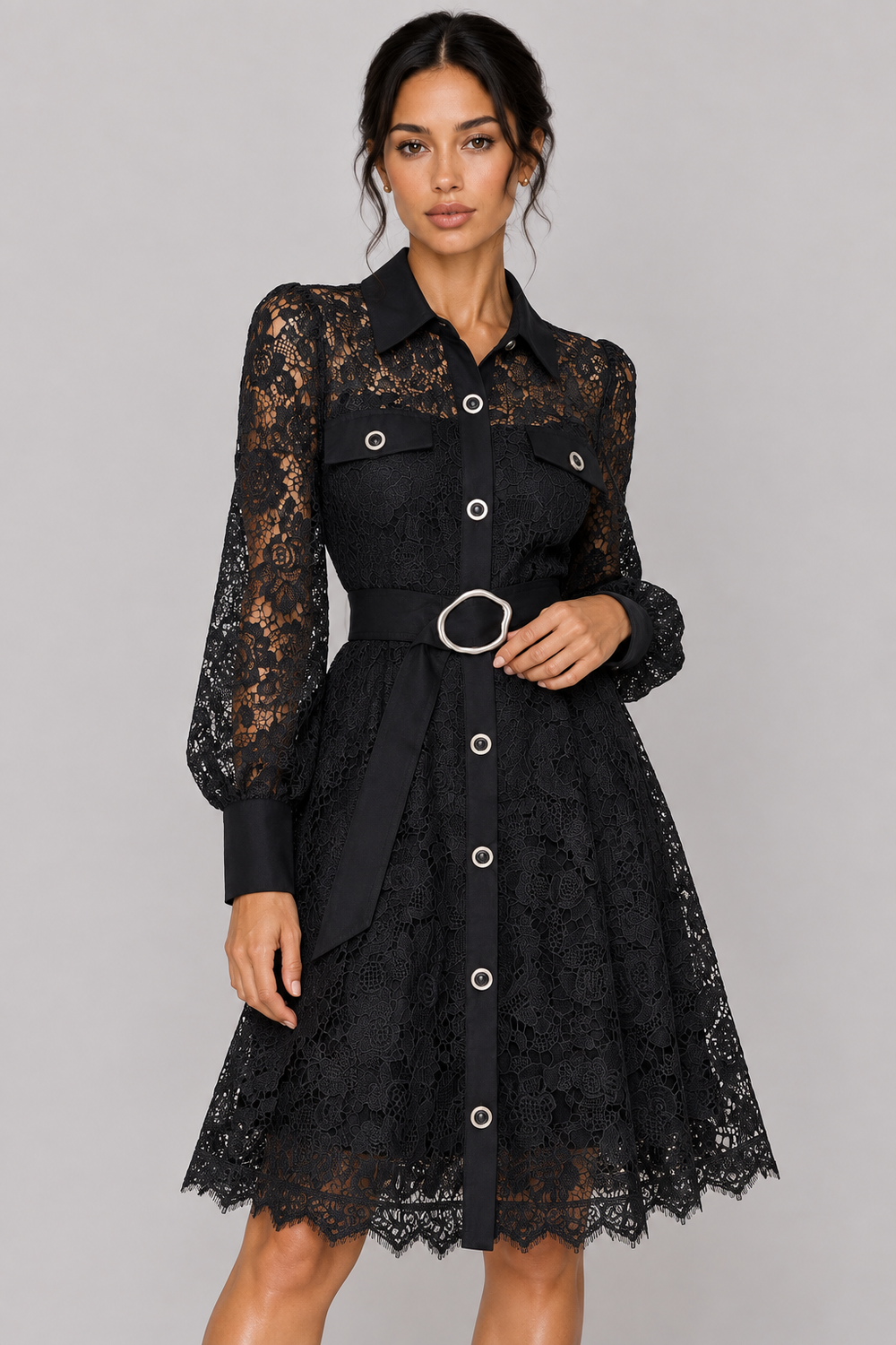 The Lucienne: Lantern-Sleeve Lace Midi Dress