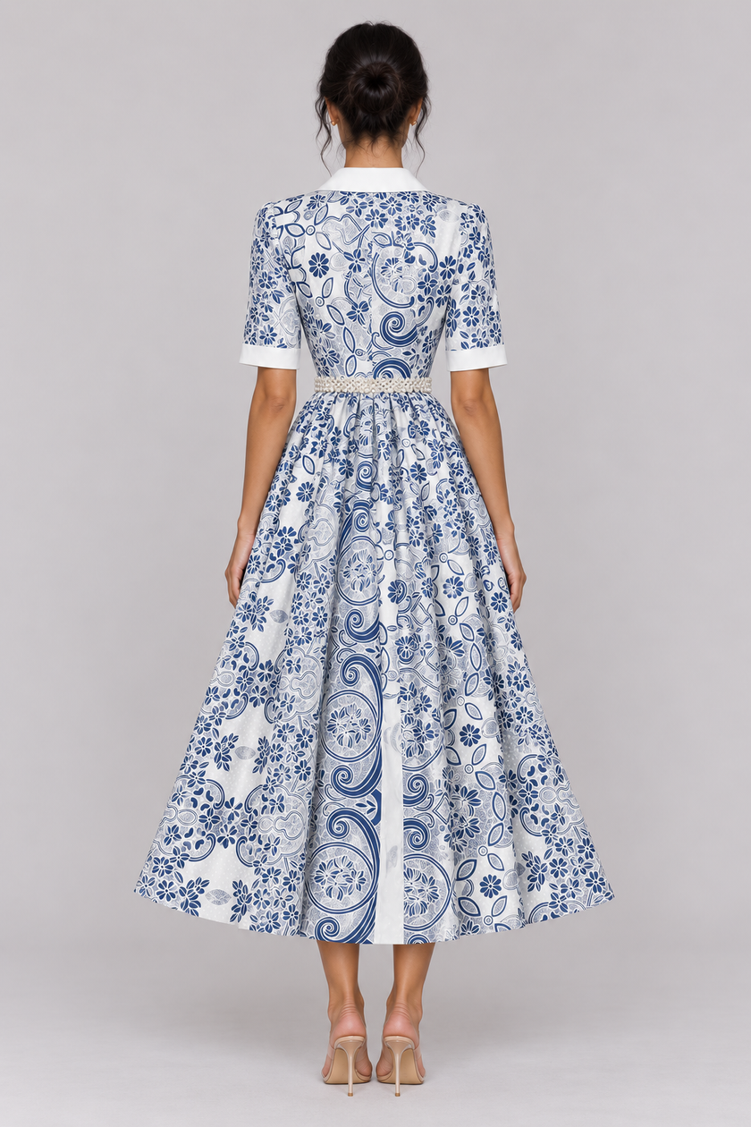 The Odette Pearl-Belt Embroidered Midi Dress