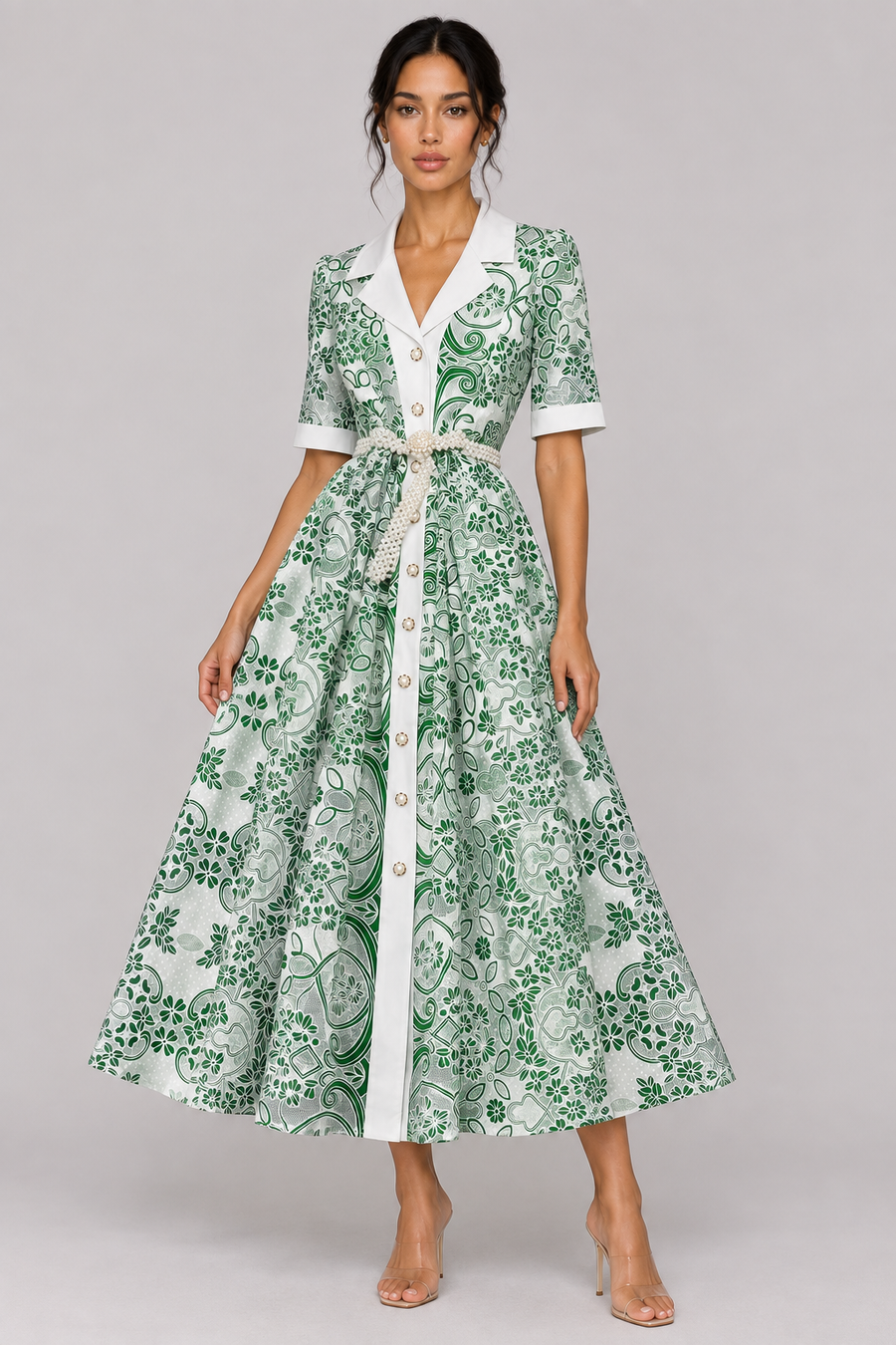 The Odette Pearl-Belt Embroidered Midi Dress