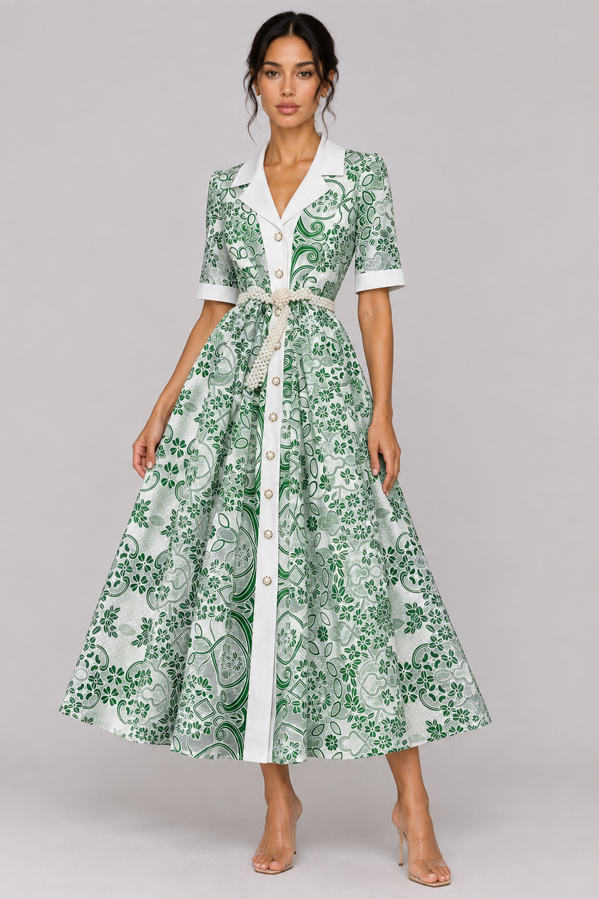 The Odette Pearl-Belt Embroidered Midi Dress