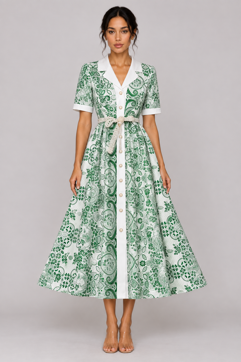 The Odette Pearl-Belt Embroidered Midi Dress