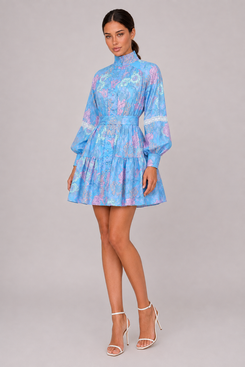 The Odile: High-Collar Long-Sleeve Print Dress — product image 1